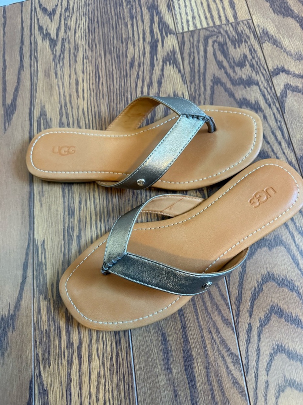 UGG Metallic Pewter Flip Flop Sandals with Tan Footbed
